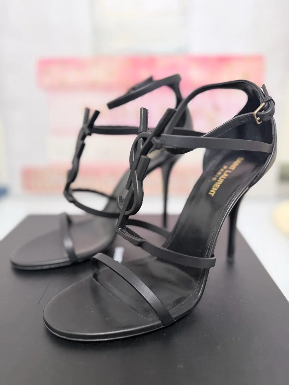 Saint Laurent Black Leather YSL Logo Ankle-Strap Stiletto Sandals - Picture 3 of 12